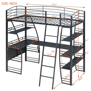 Loft Bed With 4 Layers Of Shelves And L-Shaped Desk, Stylish Metal Frame Bed With A Set Of Sockets, USB Ports And And Wireless Charging