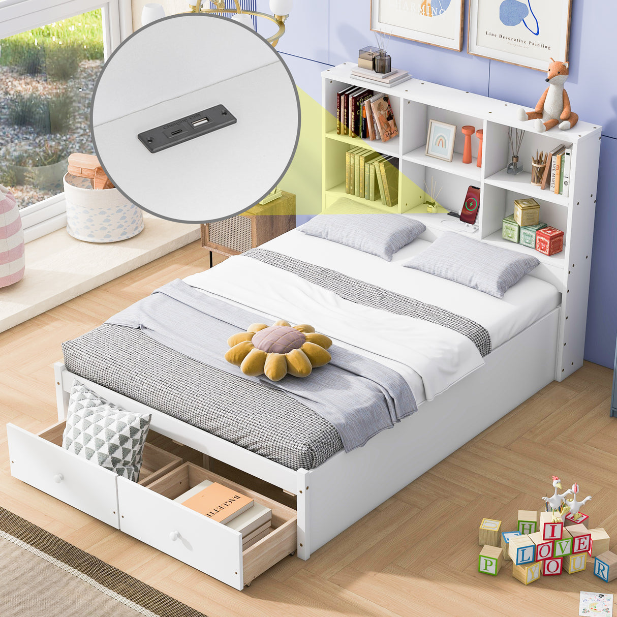 Full-Size-Platform-Bed-with-Storage-Headboard,-Charging-Station-and-2-Drawers,-White-Beds-&-Bed-Frames