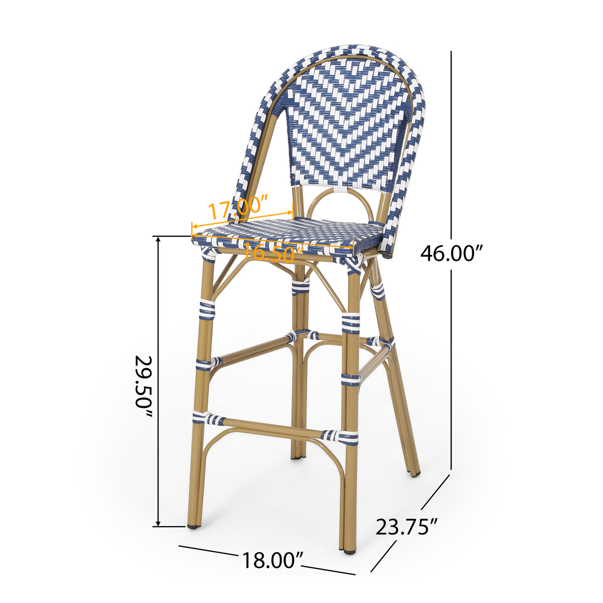 29.5" outdoor pe rattan french barstool, navy blue and white, aluminum frame with bamboo finish (set of 2)