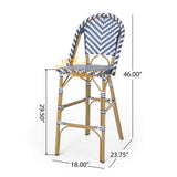 29.5" outdoor pe rattan french barstool, navy blue and white, aluminum frame with bamboo finish (set of 2)