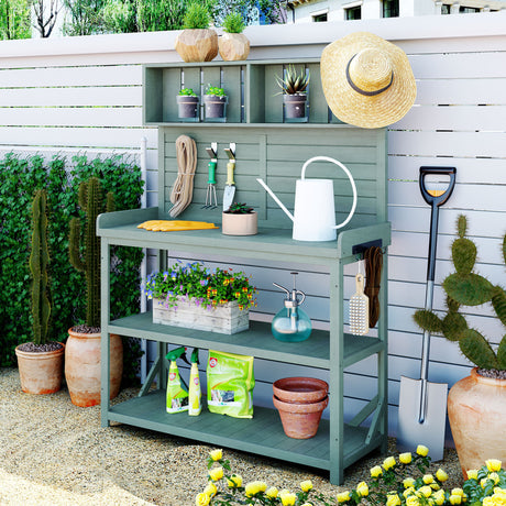 Wooden-Farmhouse-Rustic-Outdoor-Potting-Bench-Table,-with-4-Storage-Shelves-and-Side-Hook,-Green-Potting-Bench-&-Storage