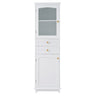 Tall Bathroom Storage Cabinet With Glass Doors, Free-Standing, Two Drawers, And Adjustable Shelves, Board, Painted Perfect For Displaying Your Favorite Items