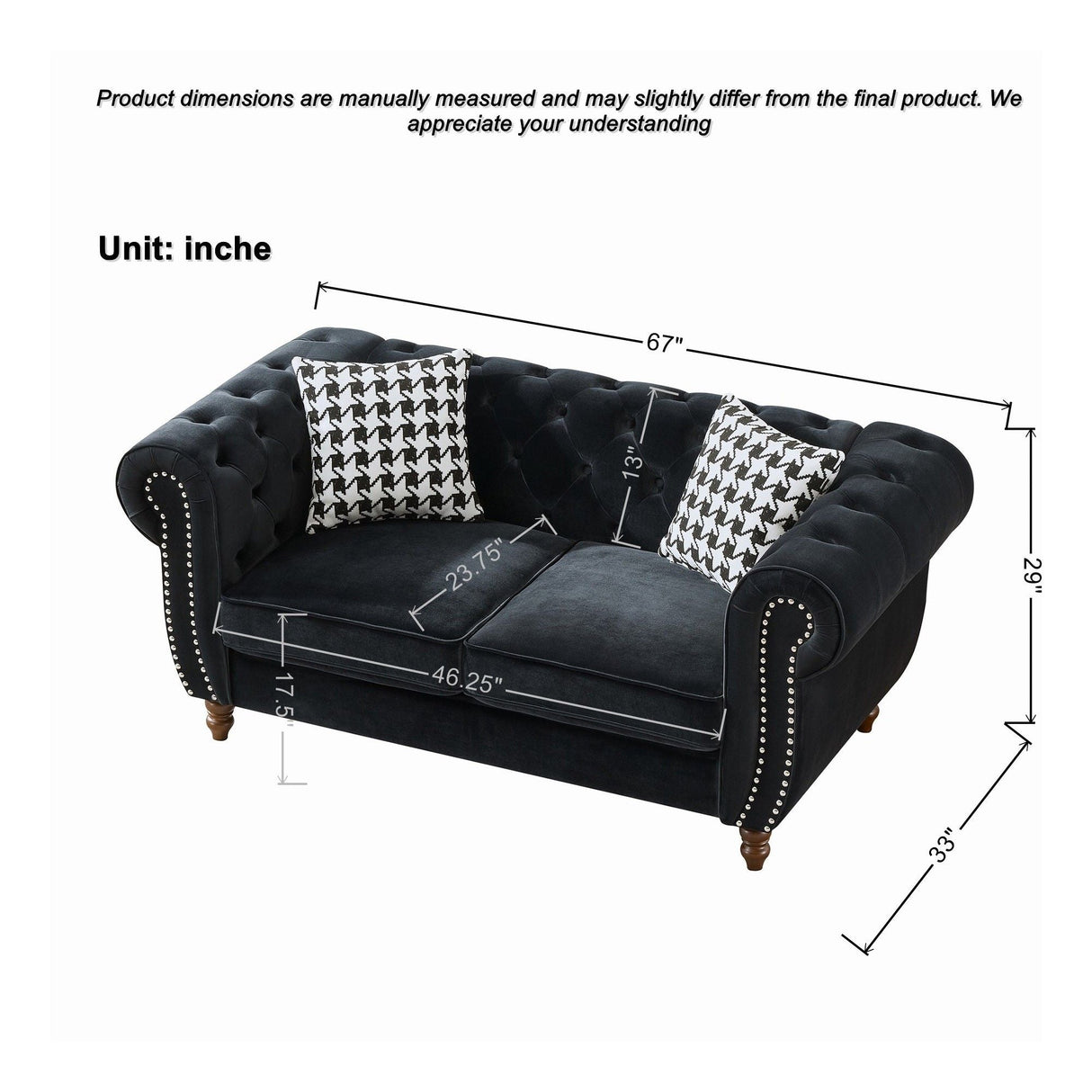 Chesterfield 3 And 2 Seater Upholstery Sofa With Roll Armrest & Nailhead Fabric Couch