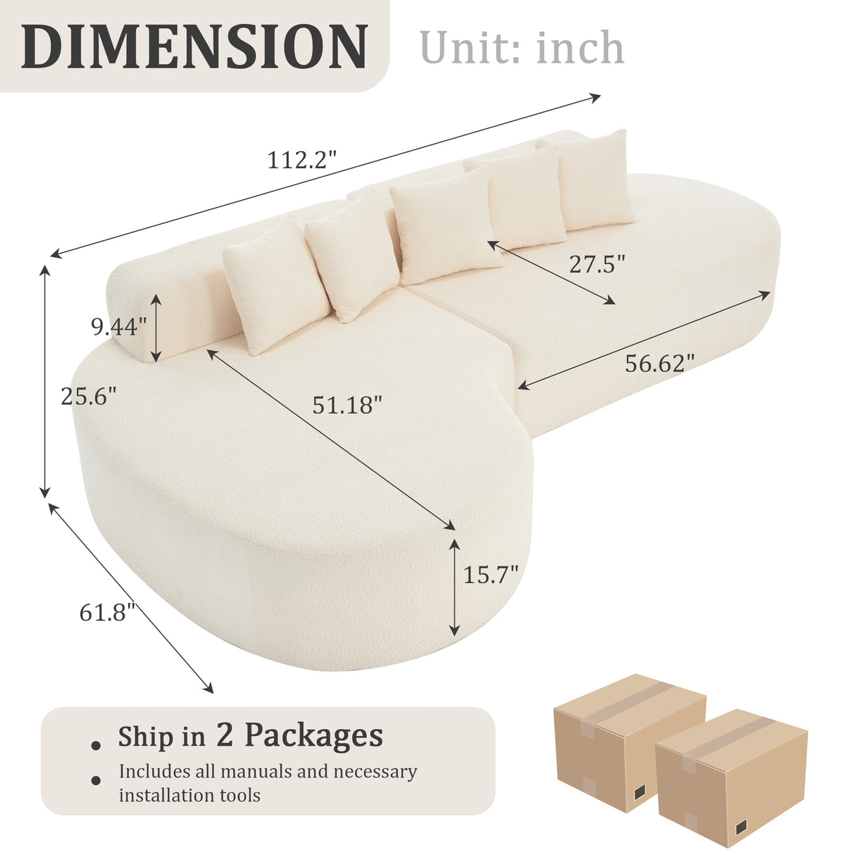 110.2'' Curved Sectional Sofa with 5 Pillows - Ivory