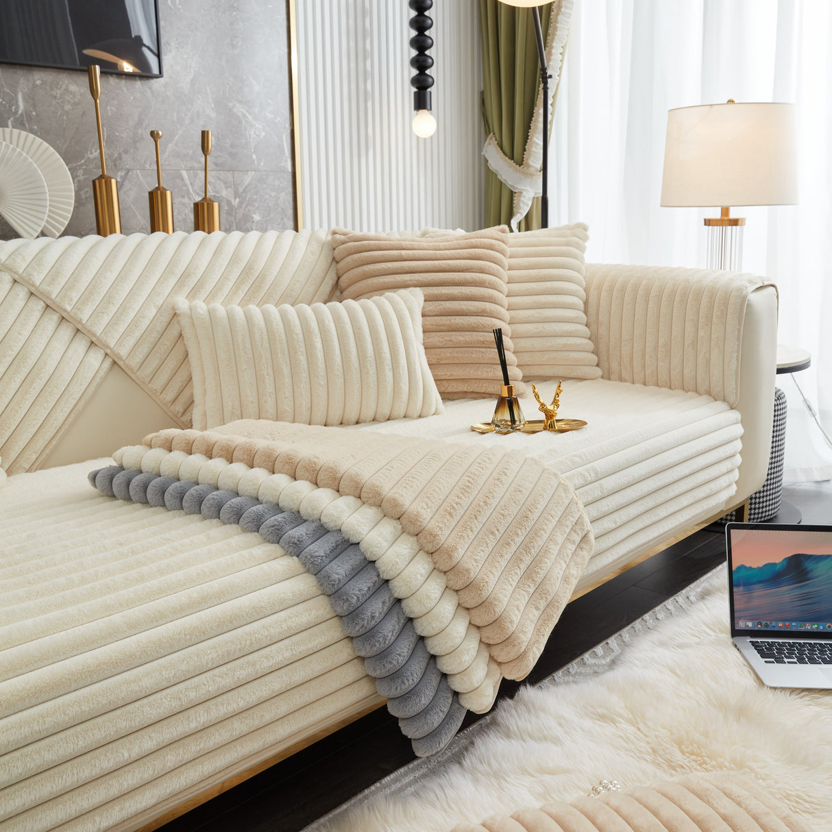 Winter Thickened Rabbit Plush Non-slip Sofa Cushion