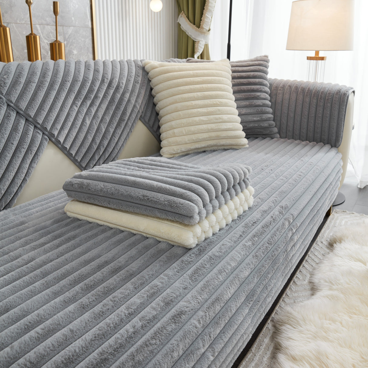 Winter Thickened Rabbit Plush Non-slip Sofa Cushion