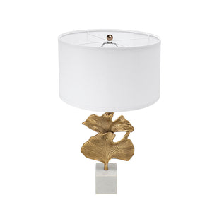 Gold Ginkgo Leaf Table Lamp with Marble Base and White Drum Shade