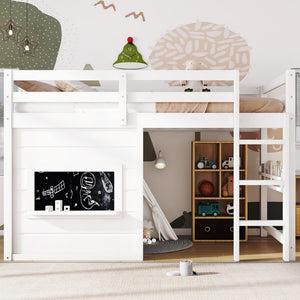 Twin Size Loft Bed With Sliding Chalkboard & Bookshelf