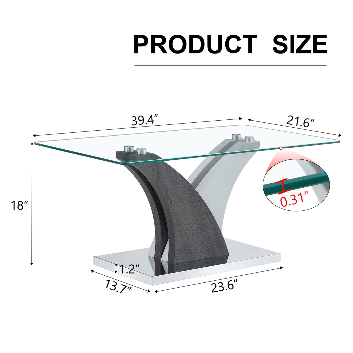 Artistic Rectangular Coffee Table With Tempered Glass Countertop