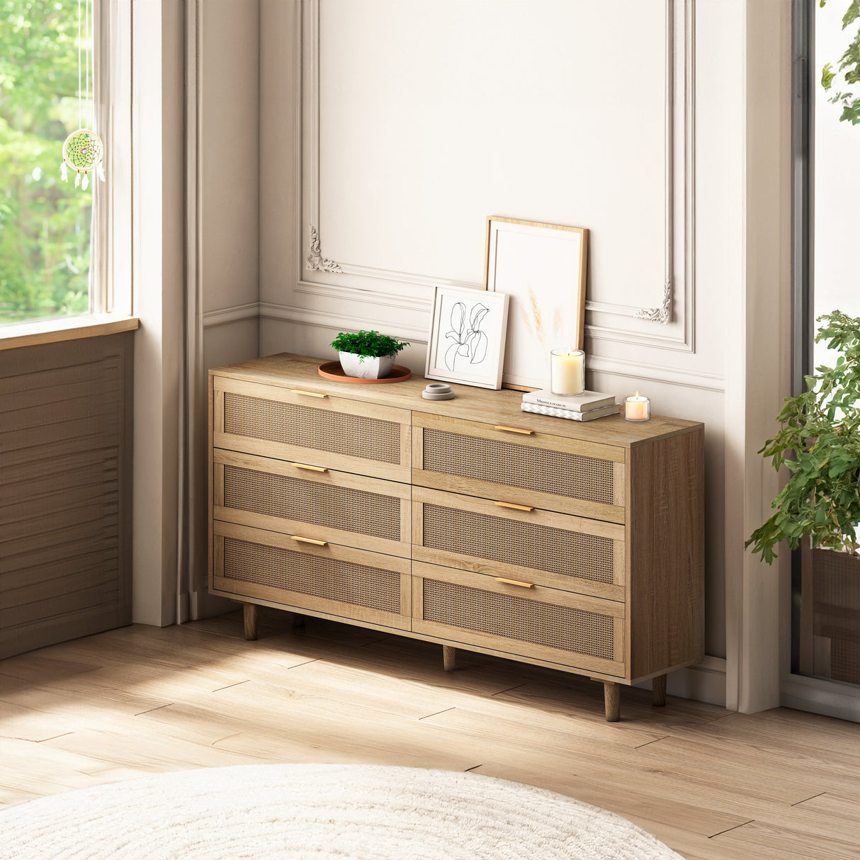 59.06" 6-Drawers Rattan Storage Cabinet
