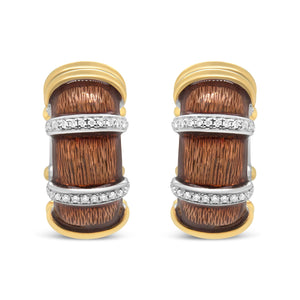 18K Yellow and White Gold Flash Plated .925 Sterling Silver Clear Brown Enamel 9/10 Cttw Round Diamonds Huggie Hoop Earrings (F-G Color, VS1-VS2 Clarity)