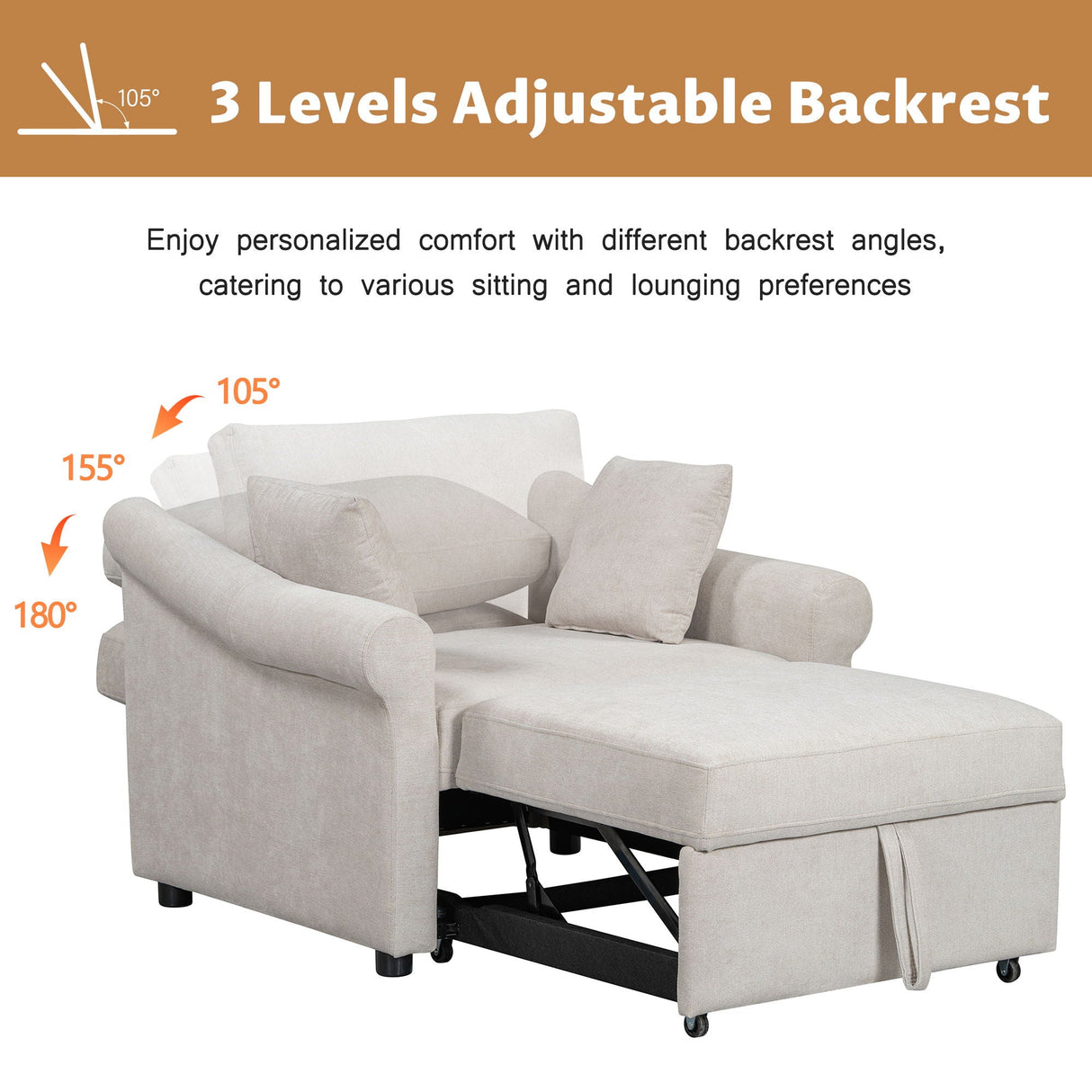 Convertible Sleeper Chair With Adjustable Backrest, 3 In 1 Lounger Chair Turns Into Bed, Single Bed For Living Room