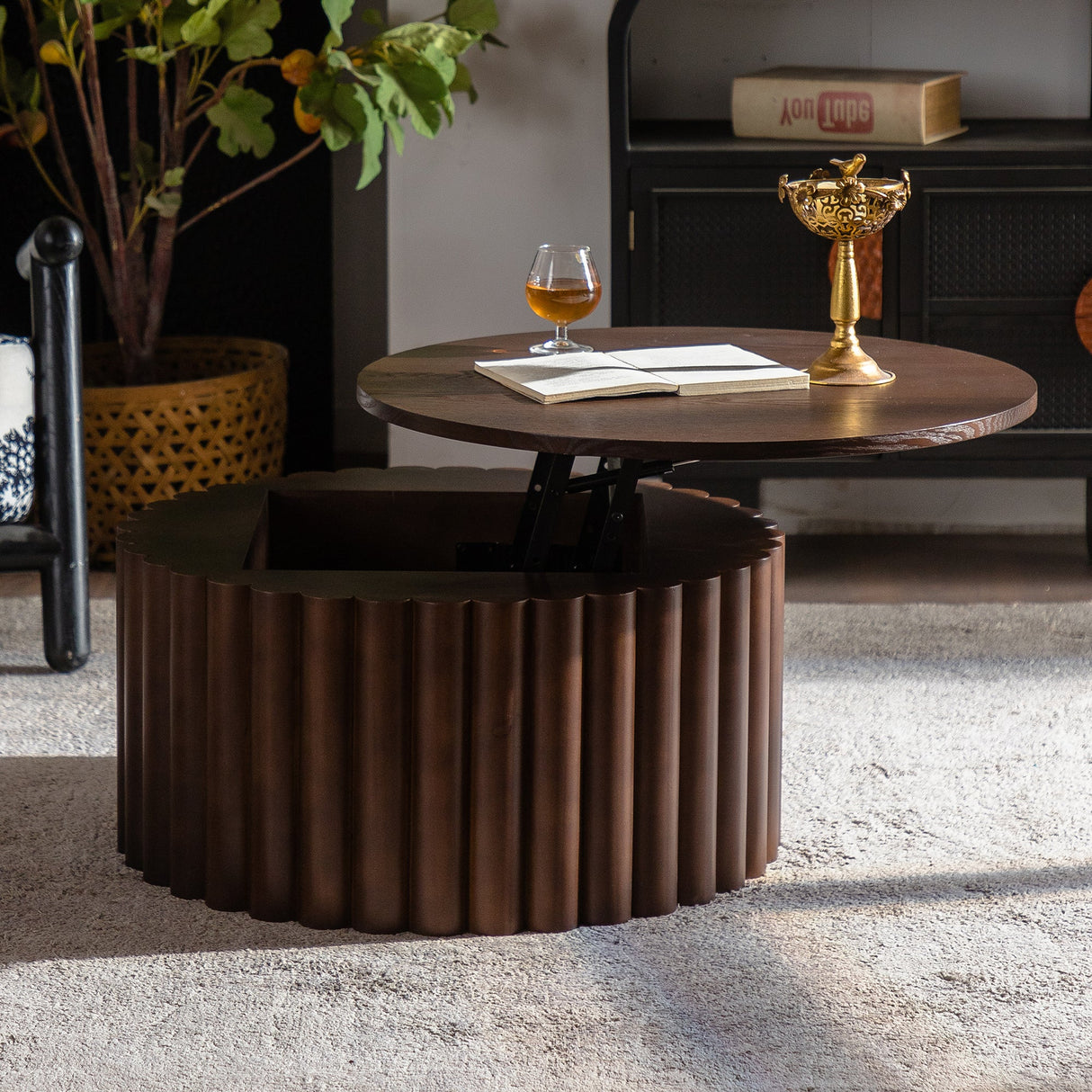 Round Coffee Table With Lift Handcrafted Relief