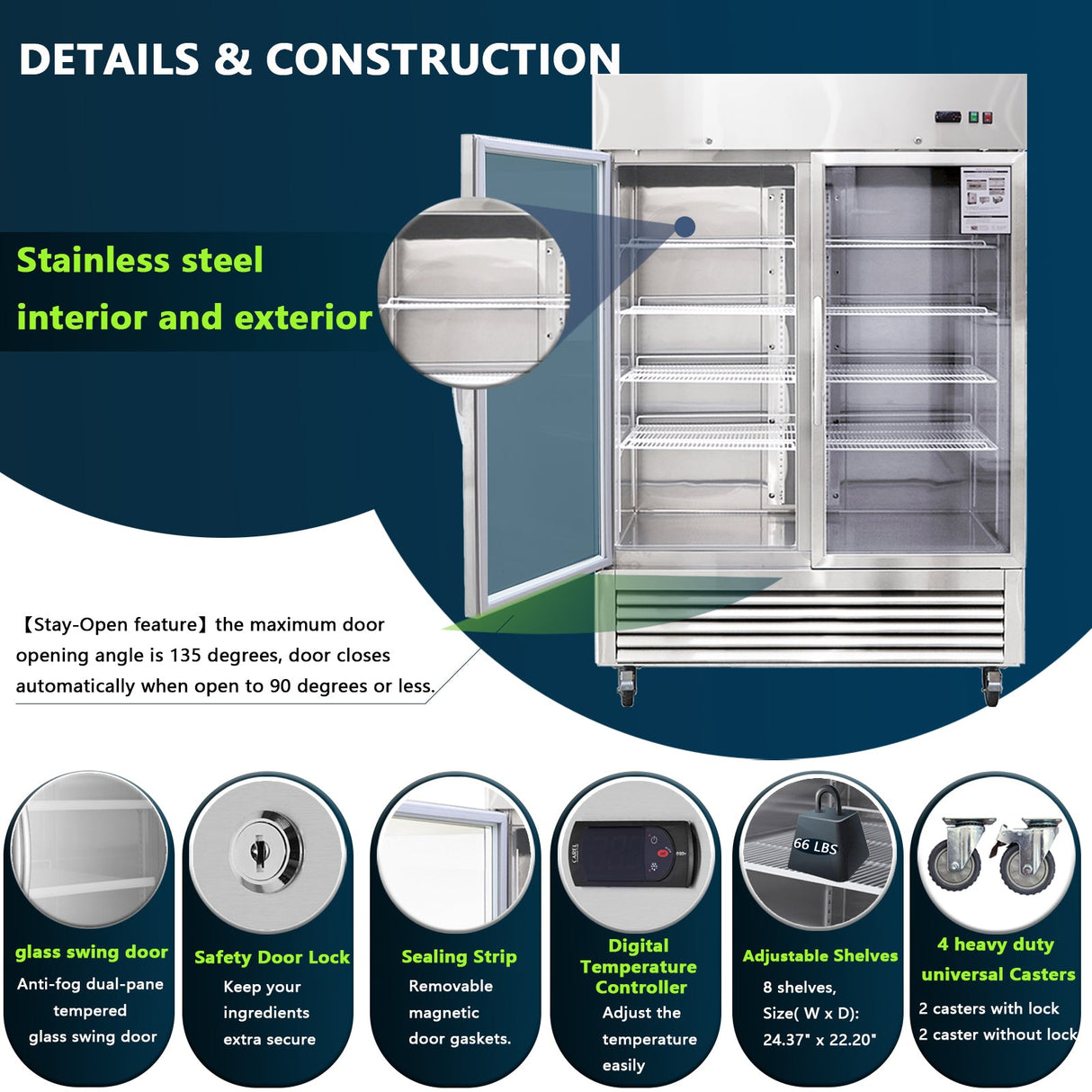 54"W Commercial Refrigerator with Glass Doors