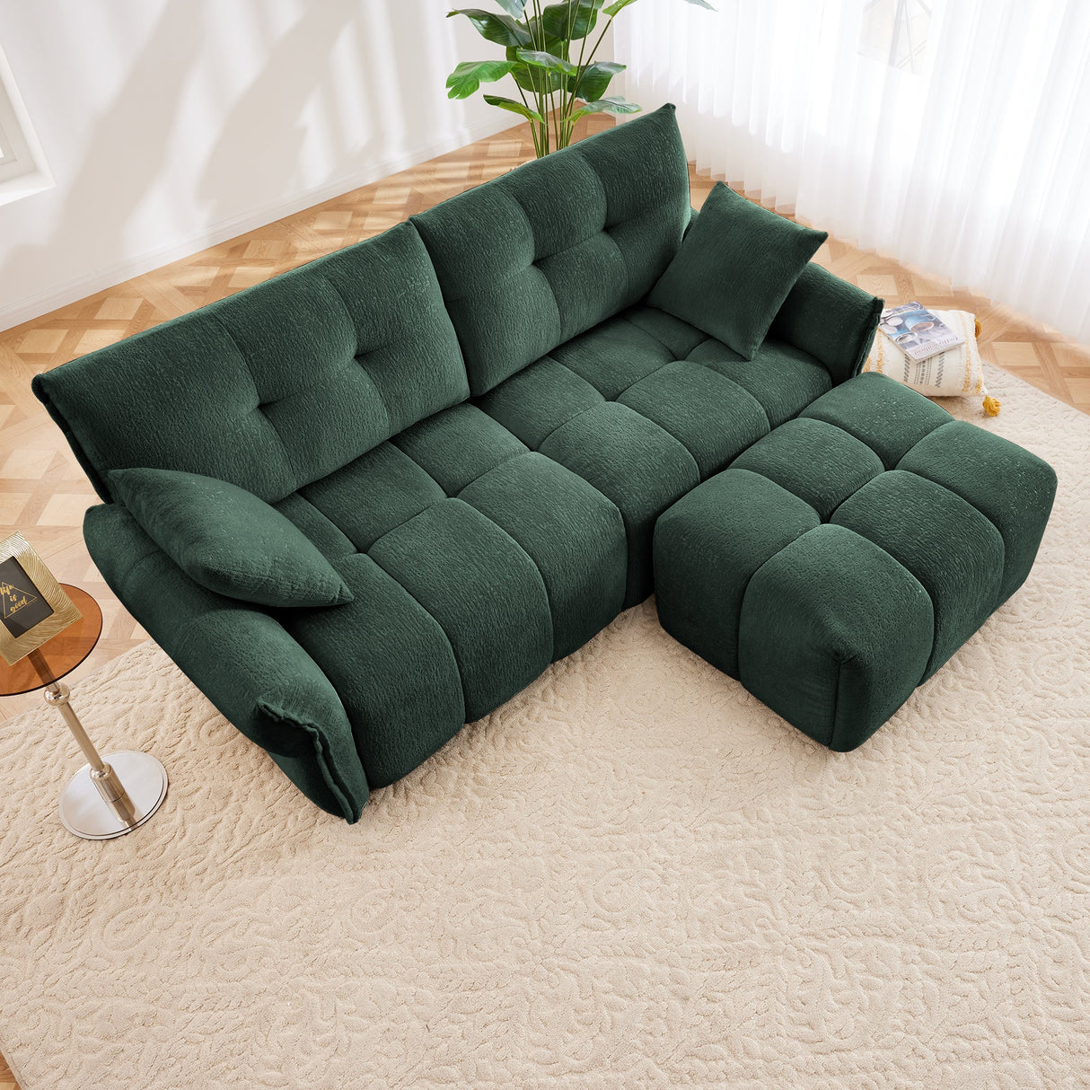 Modern Chenille Fabric 2-Seater Sofa With Ottoman