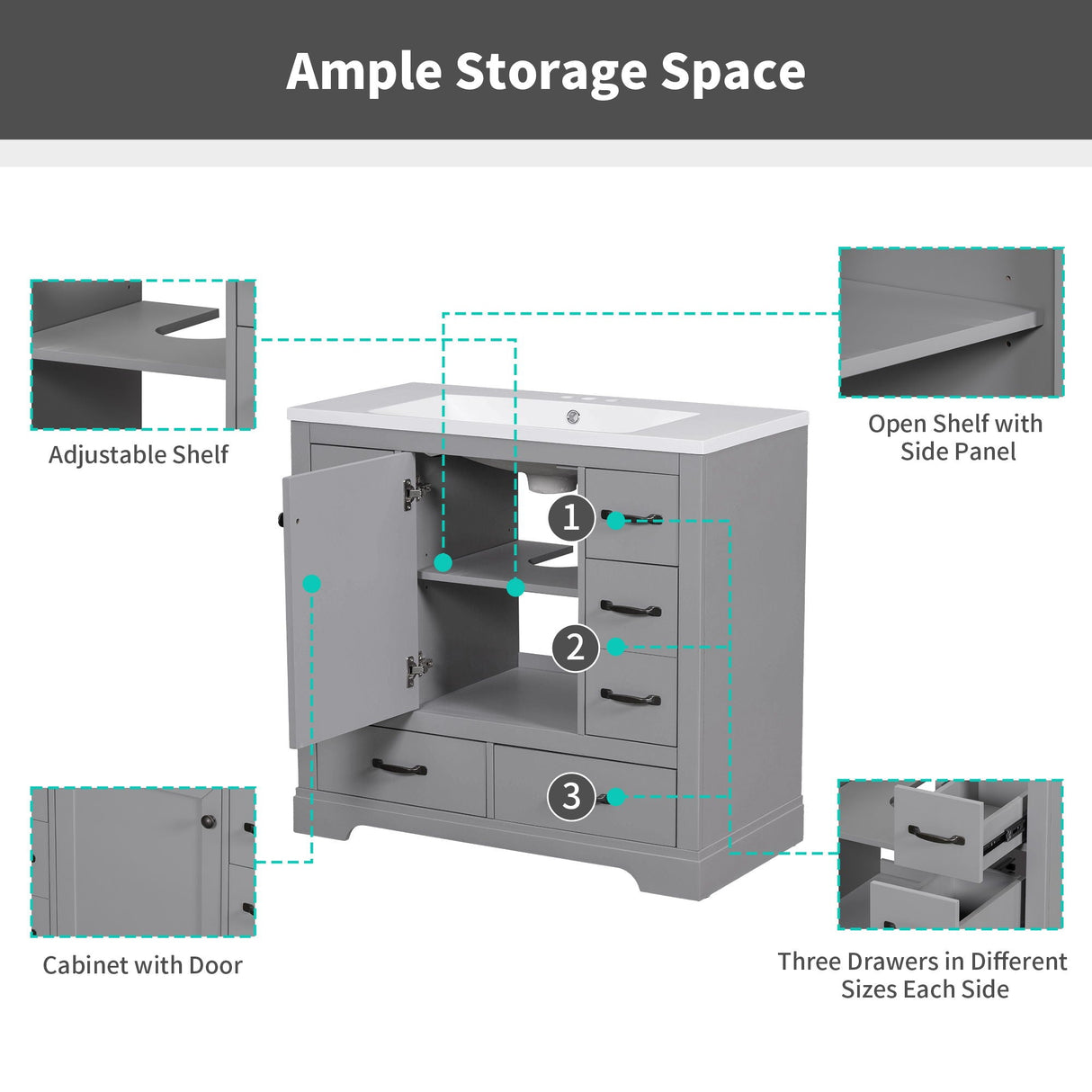 36" Bathroom Vanity Without Sink, Cabinet Base Only, 6 Drawers, Multi Functional Drawer Divider, Adjustable Shelf - Gray