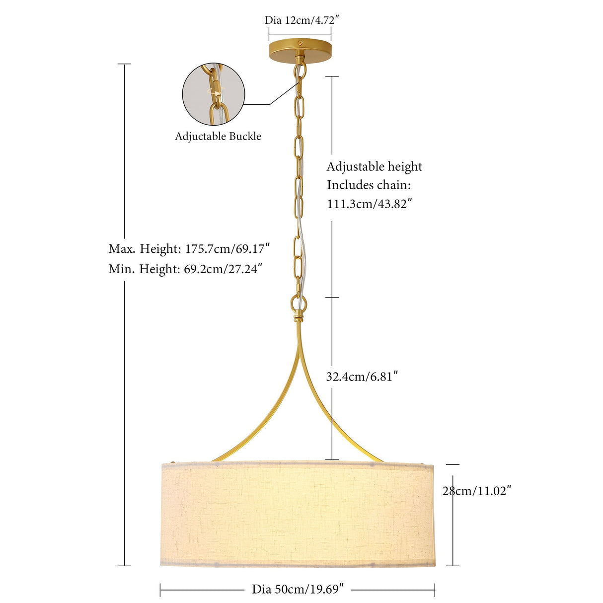 3-Light Gold Fabric Drum Pendant Light
