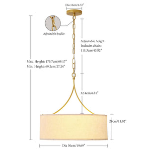 3-Light Gold Fabric Drum Pendant Light