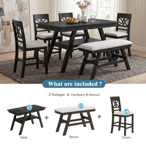 6 Piece Counter Height Dining Table Set with Storage Shelf - Espresso Wood