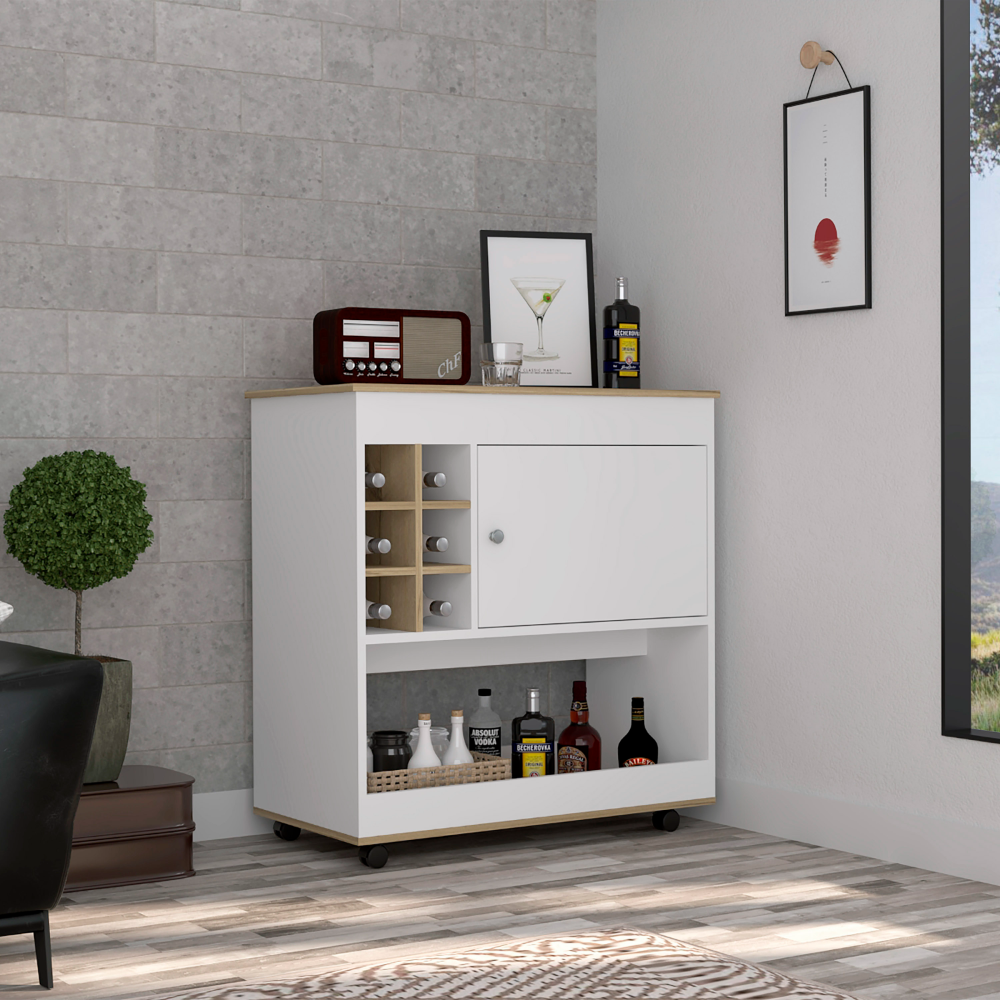 Lotus bar cart, six bottle cubbies, one cabinet, four casters, light oak / white