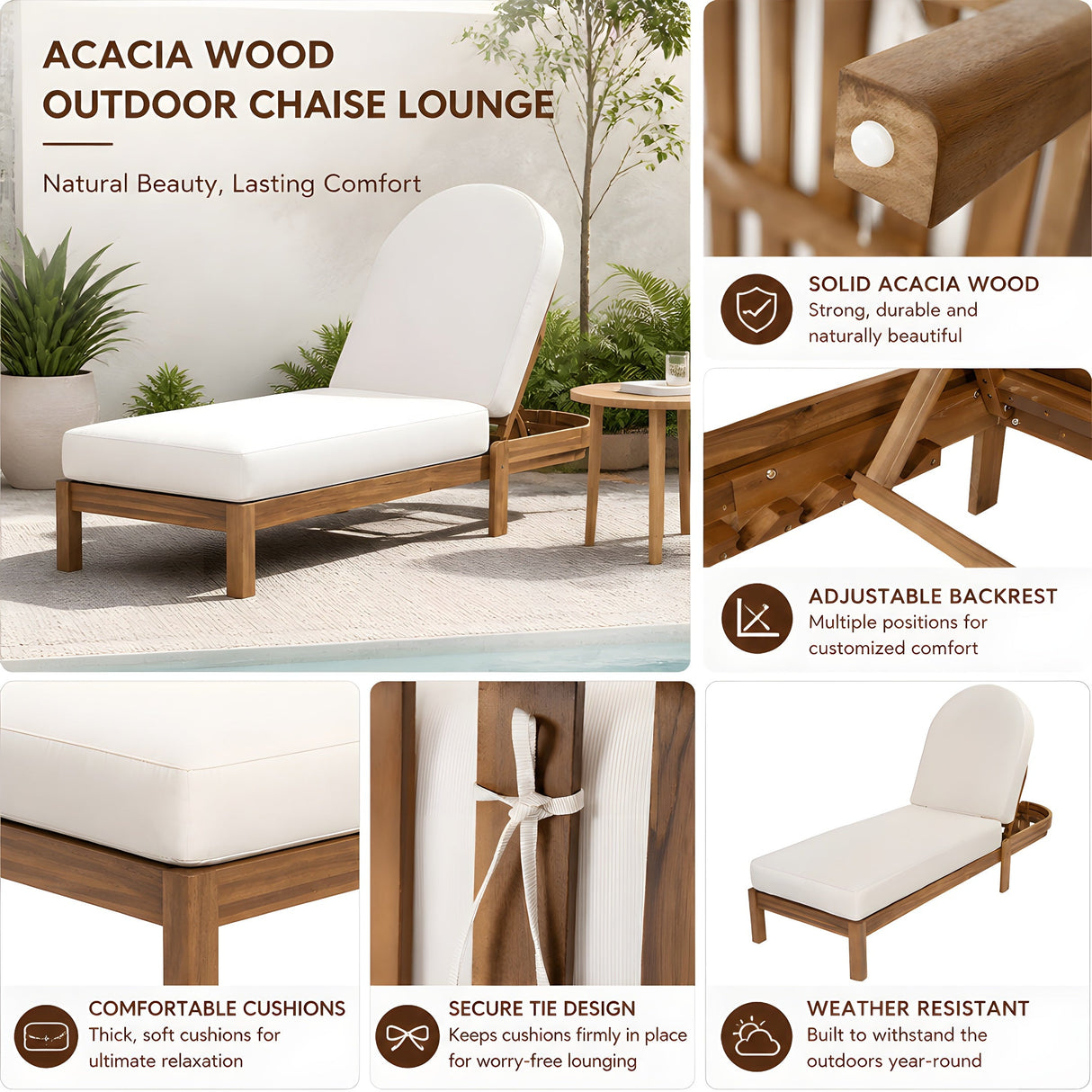 Patio Acacia Wood Chaise Lounge Chairs with Adjustable Backrest Set of 2