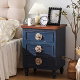 Rustic Dark Blue 3-Drawer Wooden Cabinet with Aged Finish & Floral Handles – 24.8" H- Blue