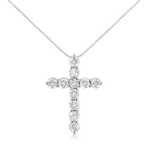.925 Sterling Silver 1.0 Cttw Prong Set Round-Cut Diamond Cross 18" Pendant Necklace (I-J Color, I2-I3 Clarity)