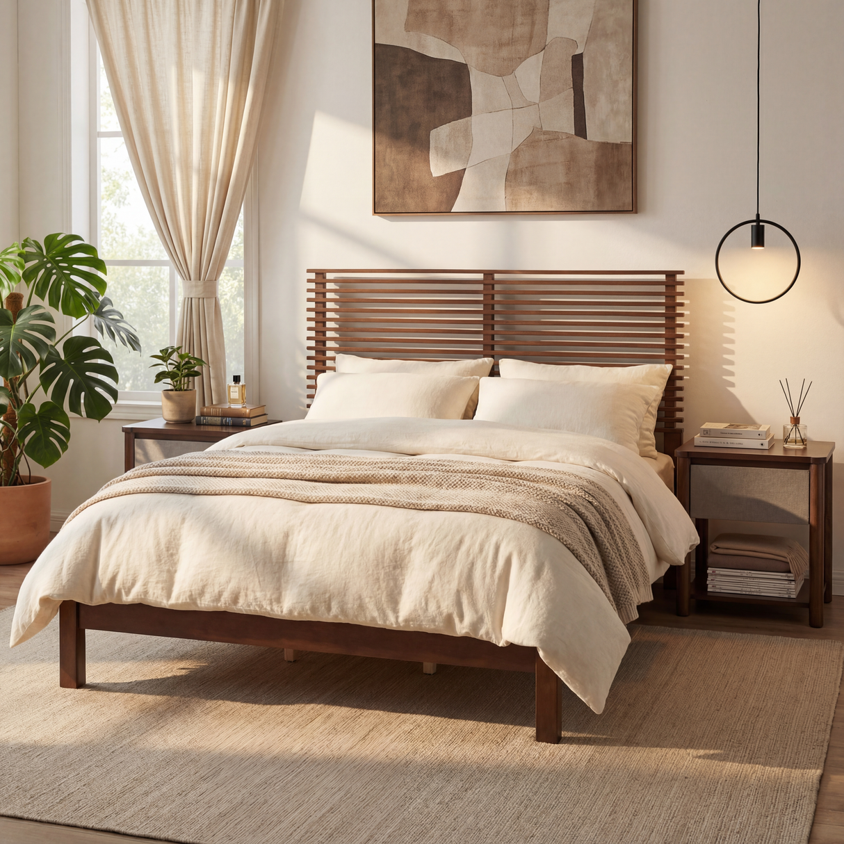 Premium Solid Wood King Size Bed Frame with Headboard - Walnut Color
