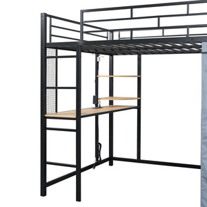 Loft Bed With Desk, Shelves, Power Outlet, LED Light And Wardrobe