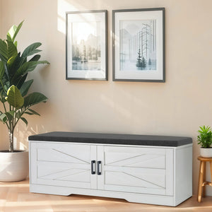 2 Tier Shoe Bench With Padded Seat, 2 Barn Doors And Adjustable Shelves, For Entryway And Living Room - White