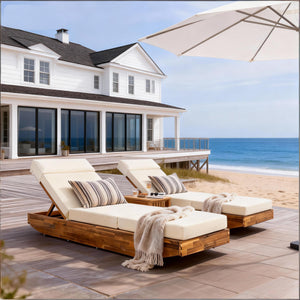 Modern Acacia Wood Outdoor Chaise Lounge with Beige Cushion