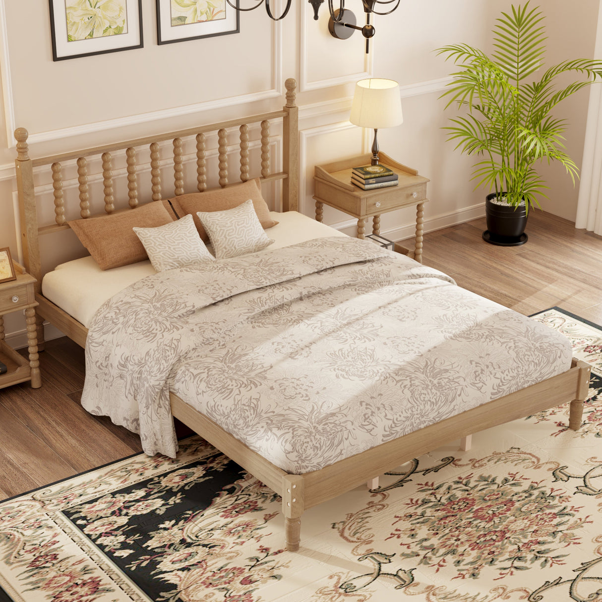 Queen Size Wood Platform Bed with Gourd Shaped Headboard