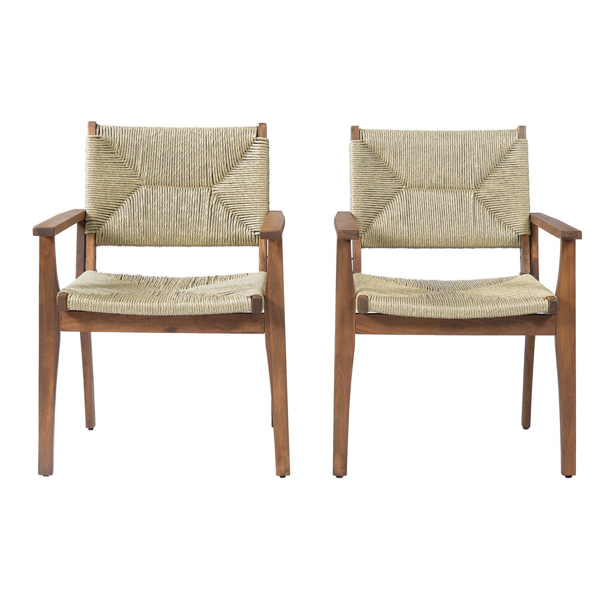 5-Piece Outdoor Dining Set: Teak Finish Round Acacia Wood Table & 4 Teak Finish Wicker Armchairs