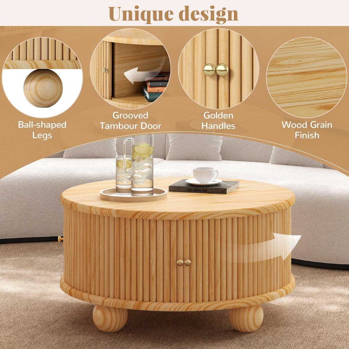 Round Fluted Coffee Table with Storage - Pine Solid Wood