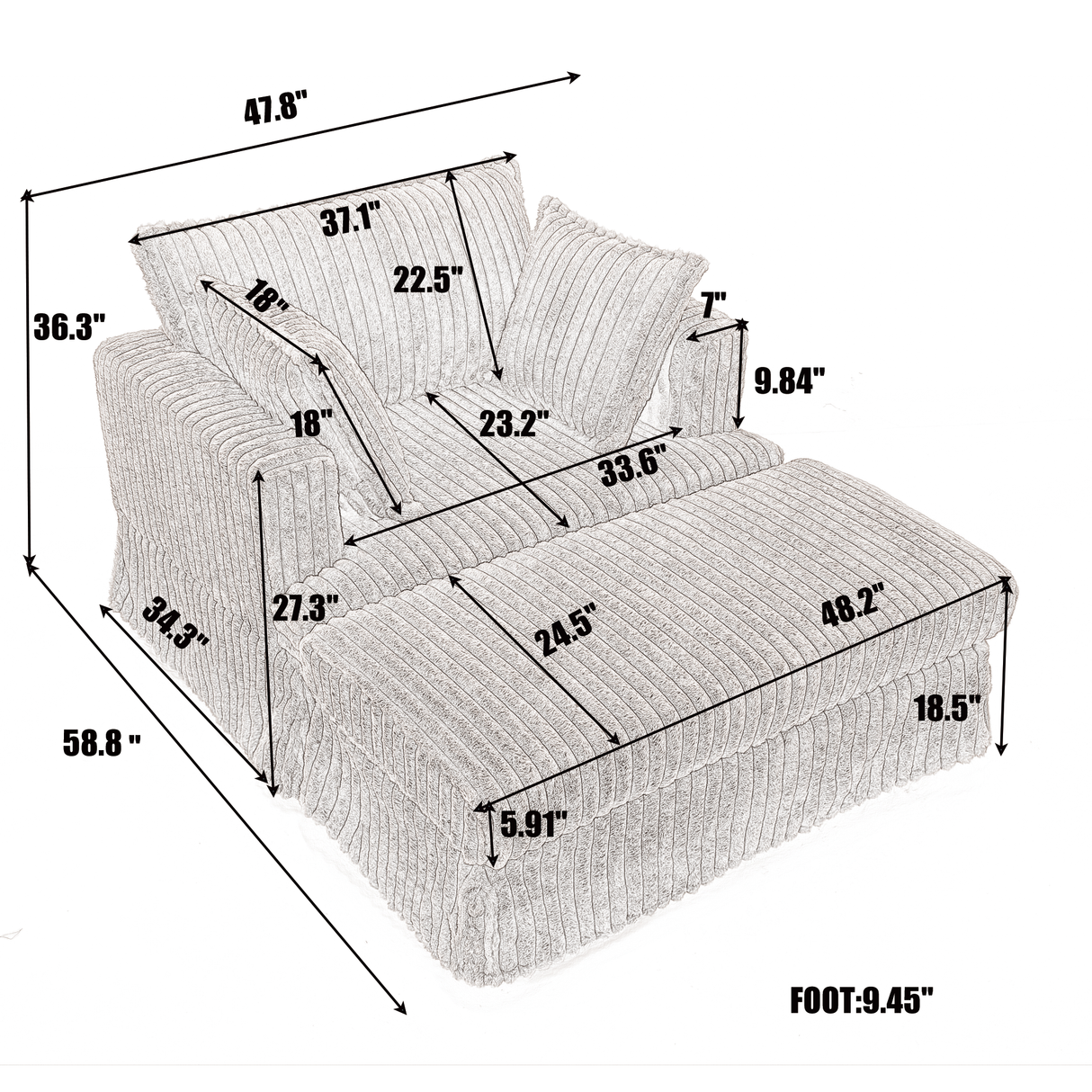 Oversized Corduroy Chaise Lounge with Ottoman in Dark Gray