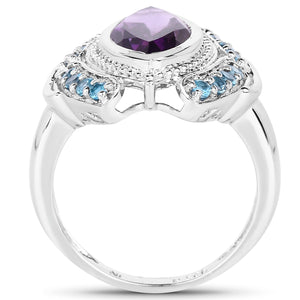 3.06 Carat Genuine Amethyst and London Blue Topaz .925 Sterling Silver Ring
