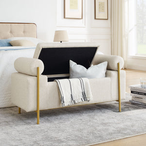 Elegant Upholstered Storage Bench With Cylindrical Arms And Iron Legs,