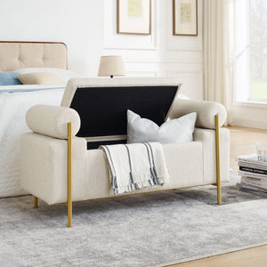 Elegant Upholstered Storage Bench With Cylindrical Arms And Iron Legs,