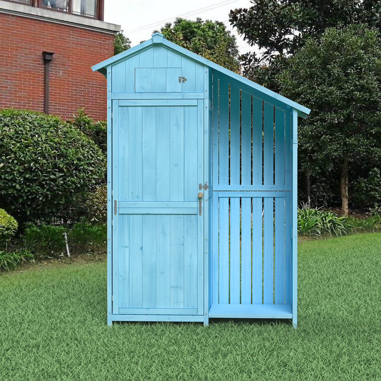 Outdoor 46.45 'x21.25'x70'h wood storage shed, garden tool cabinet with waterproof asphalt roof, multiple-tier shelves, blue
