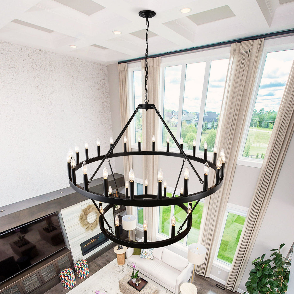 2 Tiers Wagon Wheel Chandelier Wooden Farmhouse 36 Light (24 / 12) Or (12 / 24) Metal Chandeliers 2 Story Light Fixtures Industrial For High Ceiling Living Dining Room Foyer, Adjustable Height - Black