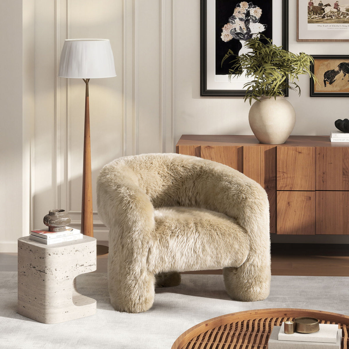 Genuine Sheepskin Fur Split Barrel Back Accent Chair with Sculptural Base - Natural Blonde
