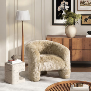 Genuine Sheepskin Fur Split Barrel Back Accent Chair with Sculptural Base - Natural Blonde