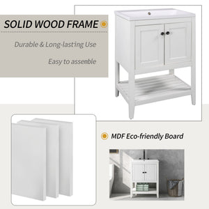 Modern Sleek Bathroom Vanity Elegant Ceramic Sink With Solid Wood Frame Open Style Shelf - White