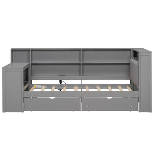 Platform Bed With Upholstered Headboard, Storage Shelves, Drawers, Charging Station, LED Lighting, Built In Desk
