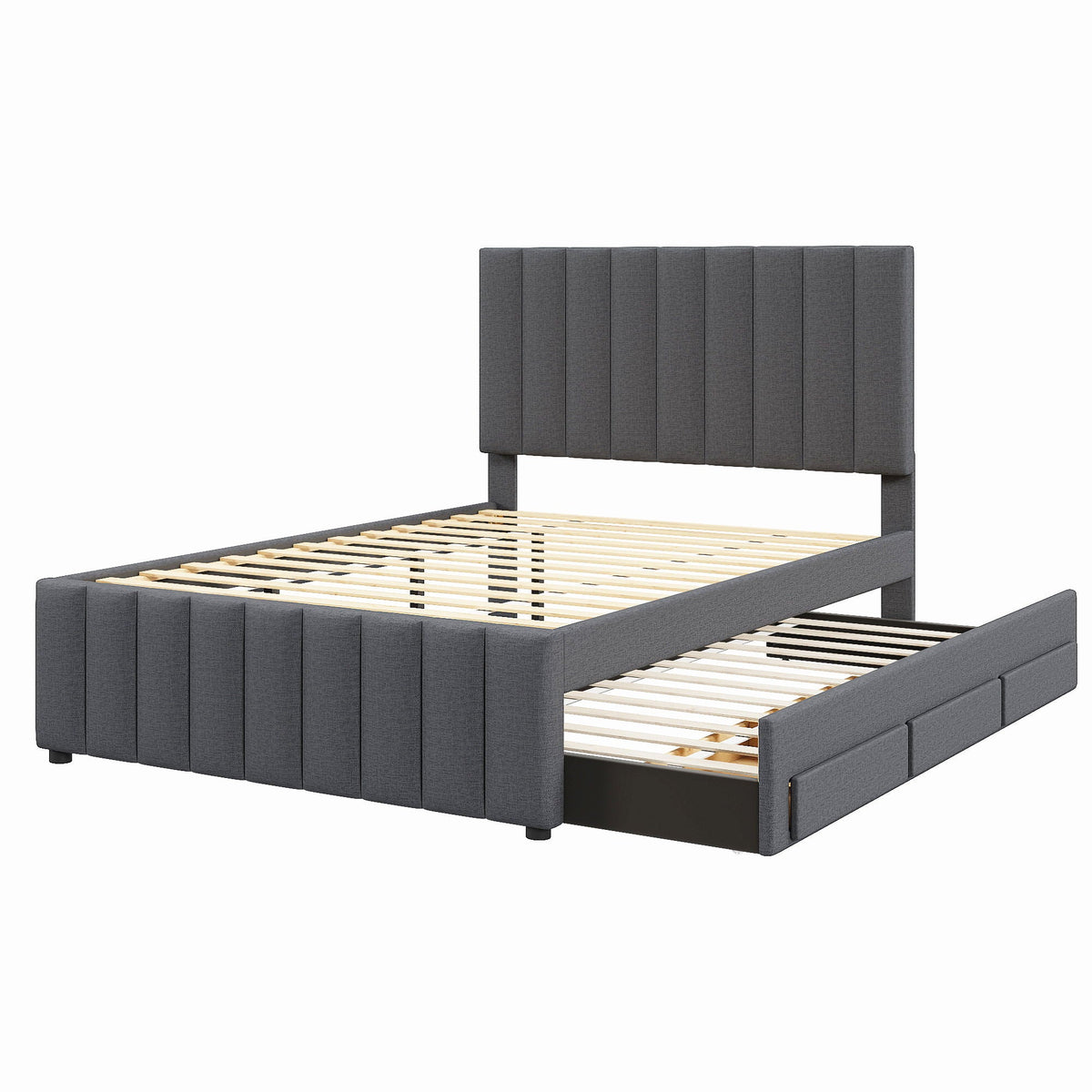 Upholstered Platform Bed With Twin Size Trundle And 3 Drawers