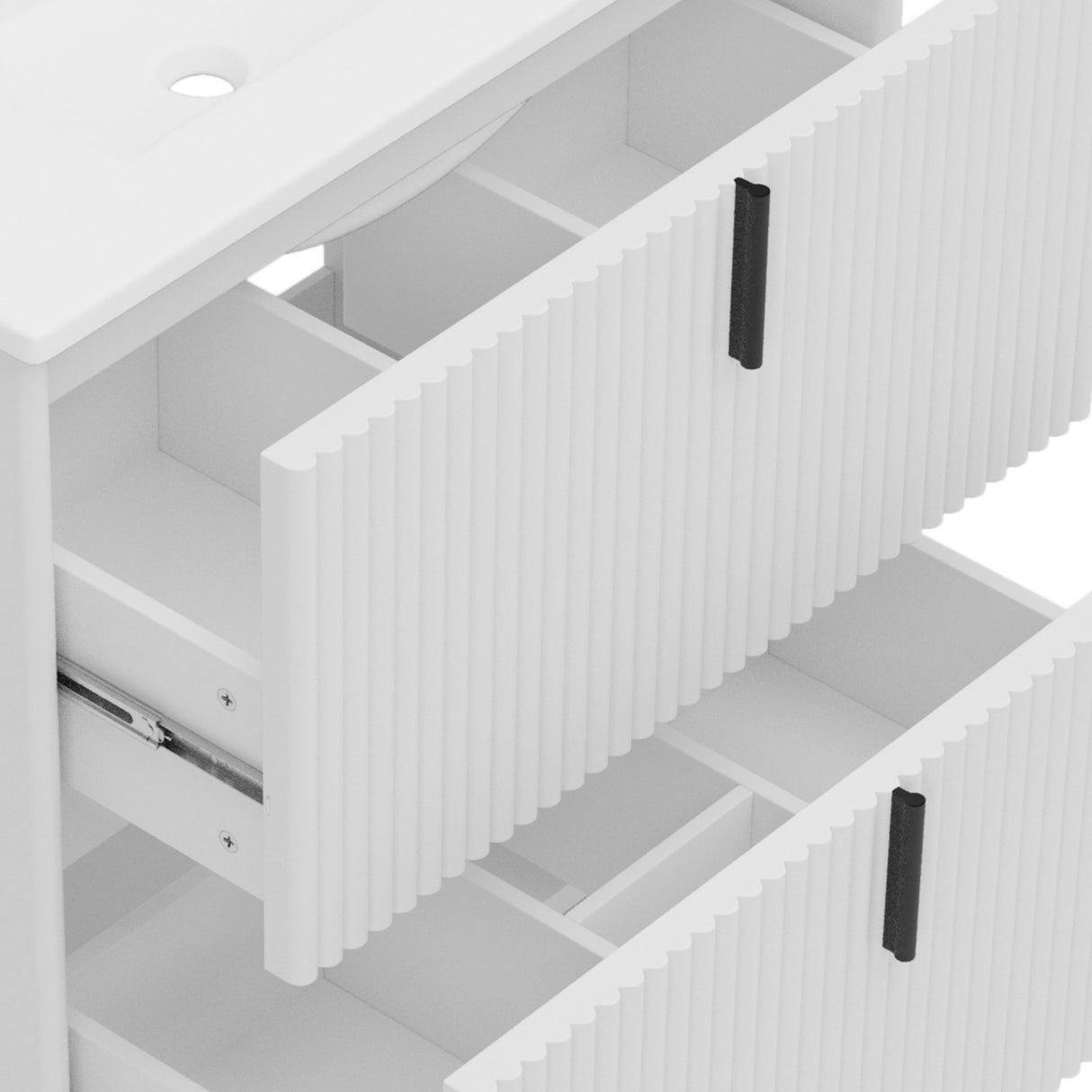 White Fluted Bathroom Vanity with Ceramic Sink and Soft Close Drawers