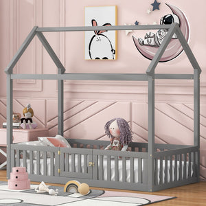 Wood House Bed With Fence And Door