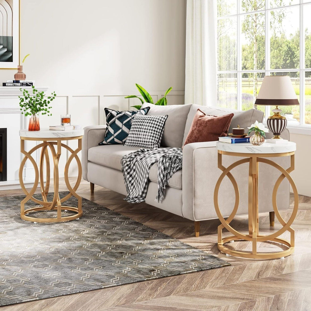 Round End Table With O-Shaped Base - White / Gold