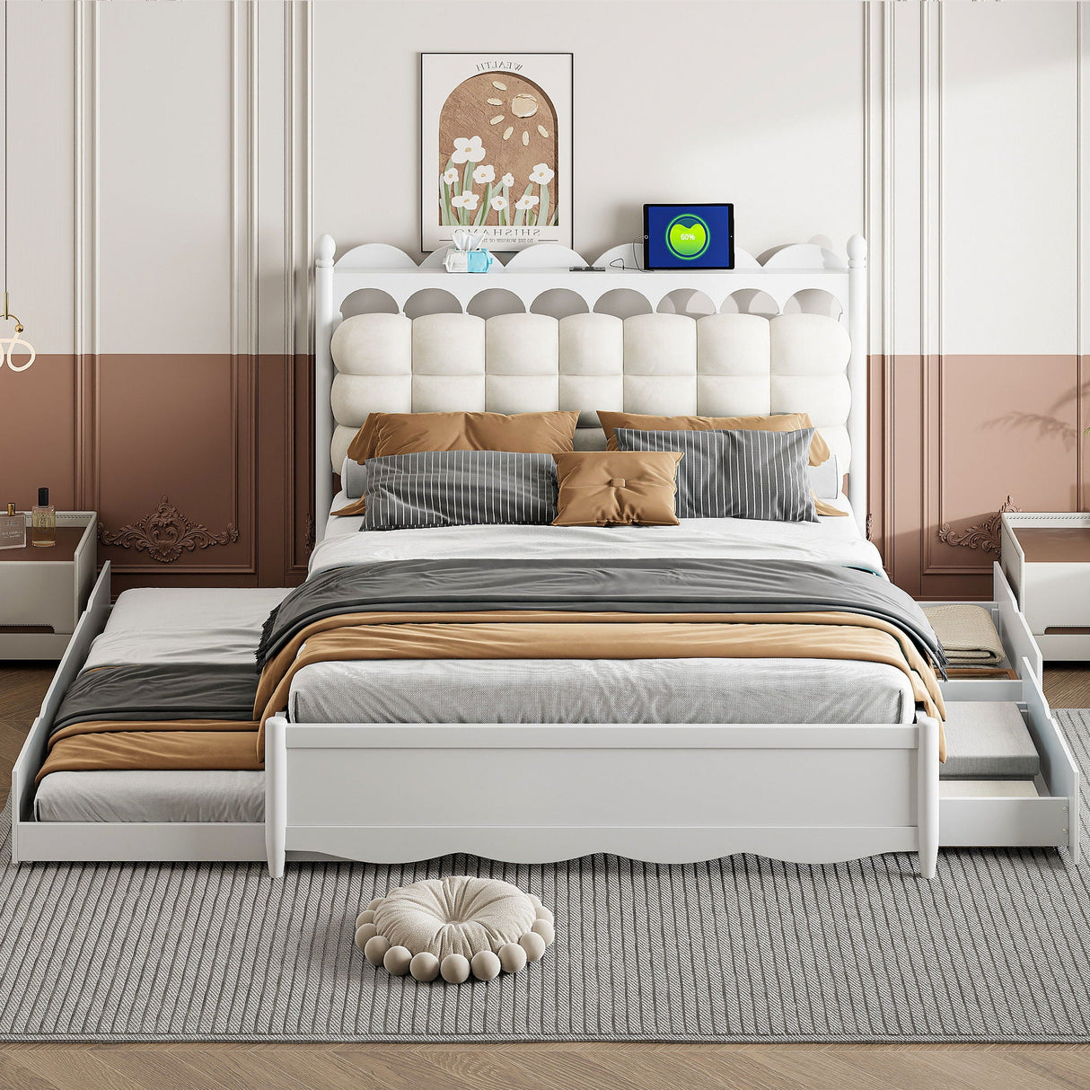 Storage Platform Bed, With 2 Big Drawers, Trundle, One Set Of Sockets & USB Ports