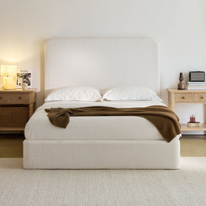 Canter Tall Headboard Upholstered Bed in Pearl White Chenille, Queen Size